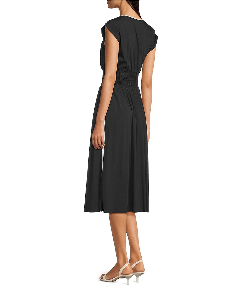 Donna Karan Contrast Piped V-Neck Cap Sleeve Smocked Waist A-Line Midi Dress