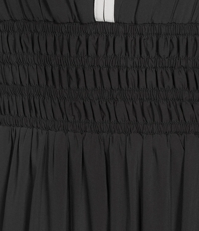 Donna Karan Contrast Piped V-Neck Cap Sleeve Smocked Waist A-Line Midi Dress