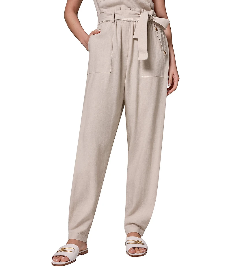 Donna Karan Coordinating Linen Blend High-Rise Utility Straight-Leg Paperbag Ankle Pants