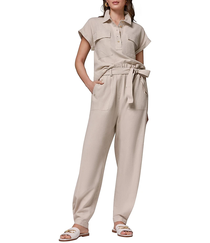 Donna Karan Coordinating Linen Blend High-Rise Utility Straight-Leg Paperbag Ankle Pants