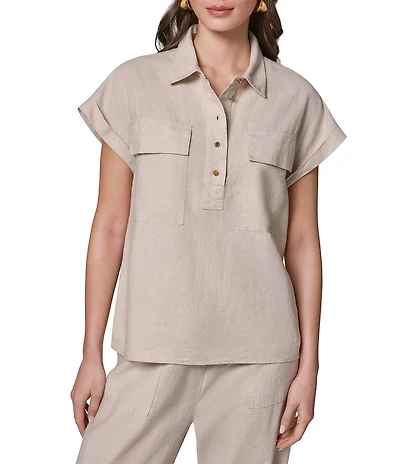 Donna Karan Coordinating Linen Blend Point Collar Cap Sleeve Camp Shirt