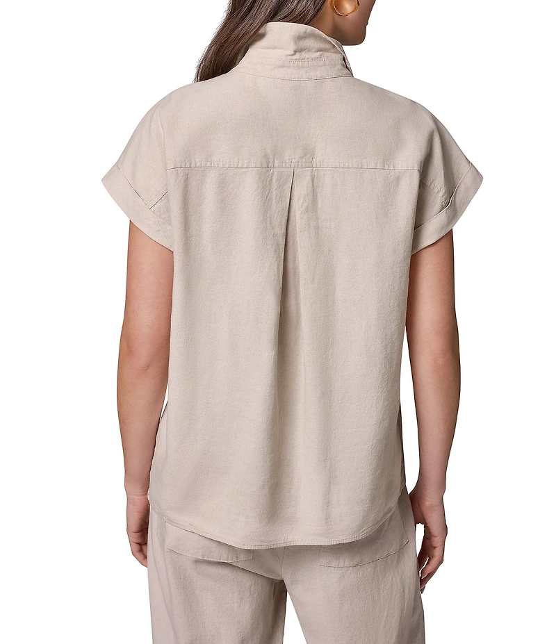 Donna Karan Coordinating Linen Blend Point Collar Cap Sleeve Camp Shirt