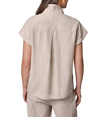 Donna Karan Coordinating Linen Blend Point Collar Cap Sleeve Camp Shirt