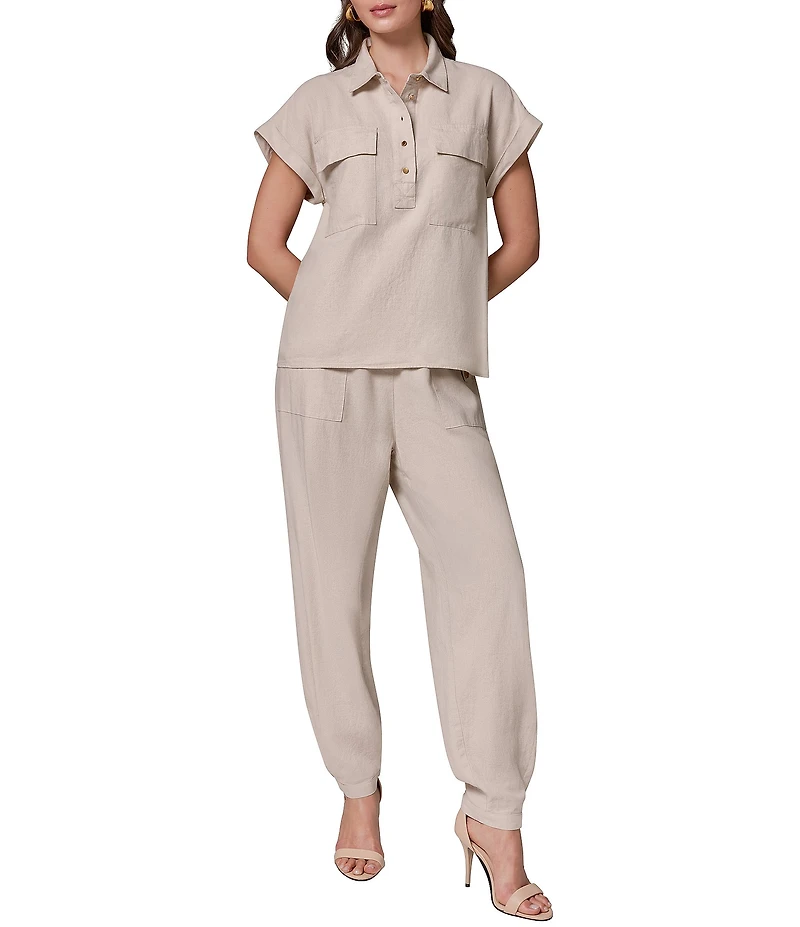 Donna Karan Coordinating Linen Blend Point Collar Cap Sleeve Camp Shirt