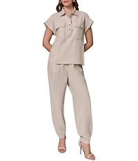 Donna Karan Coordinating Linen Blend Point Collar Cap Sleeve Camp Shirt