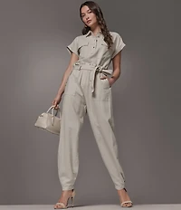 Donna Karan Coordinating Linen Blend Point Collar Cap Sleeve Camp Shirt
