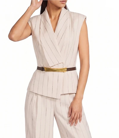 Donna Karan Coordinating Pinstripe Linen Blend Belted Vest Top