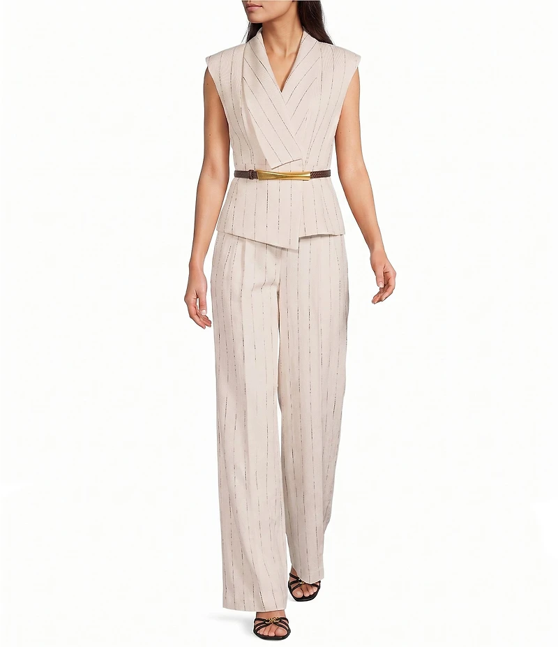 Donna Karan Coordinating Pinstripe Linen Blend Belted Vest Top