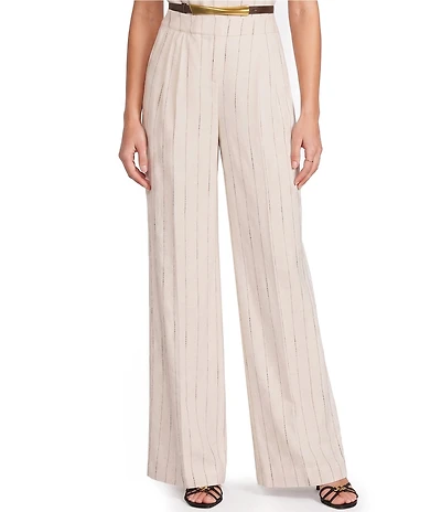 Donna Karan Coordinating Pinstripe Linen Blend High Waisted Wide Leg Pants