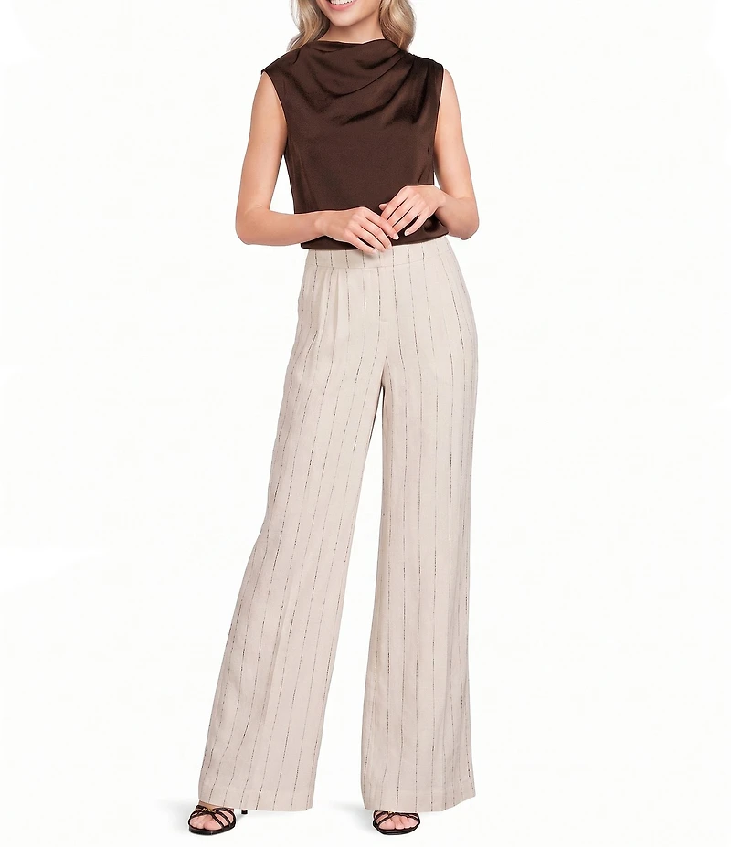 Donna Karan Coordinating Pinstripe Linen Blend High Waisted Wide Leg Pants