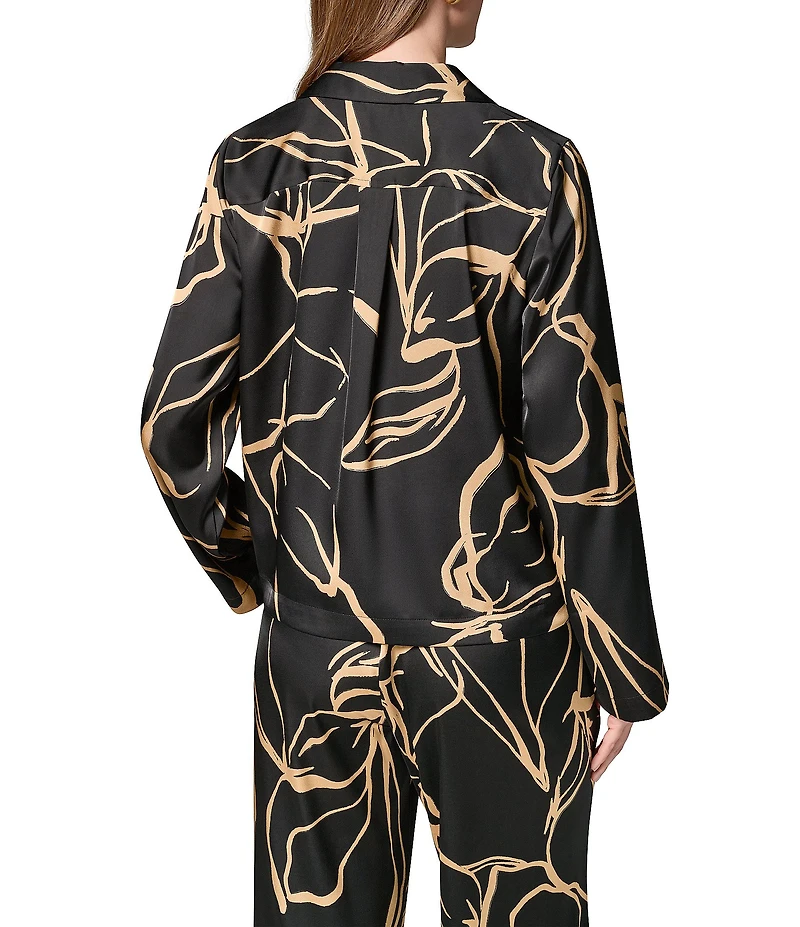 Donna Karan Coordinating Printed Satin Collared Long Sleeve Button Front Top