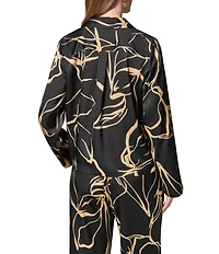 Donna Karan Coordinating Printed Satin Collared Long Sleeve Button Front Top