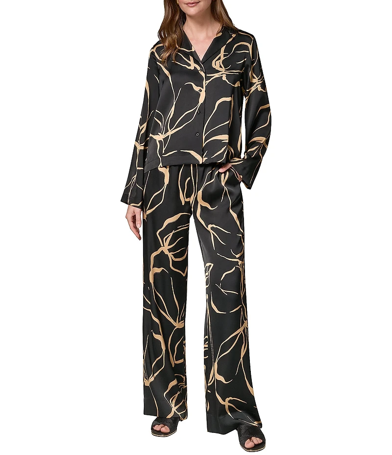 Donna Karan Coordinating Printed Satin Collared Long Sleeve Button Front Top