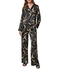 Donna Karan Coordinating Printed Satin Collared Long Sleeve Button Front Top