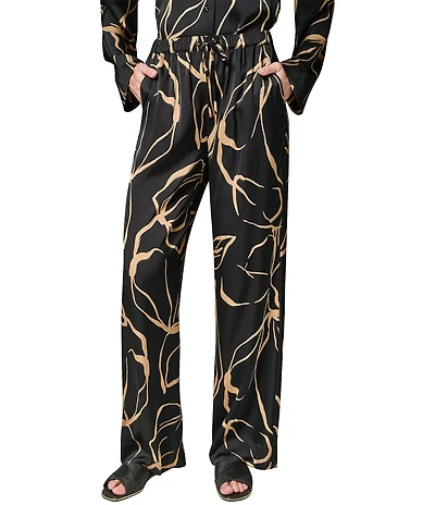 Donna Karan Coordinating Printed Satin Drawstring Wide Leg Pants