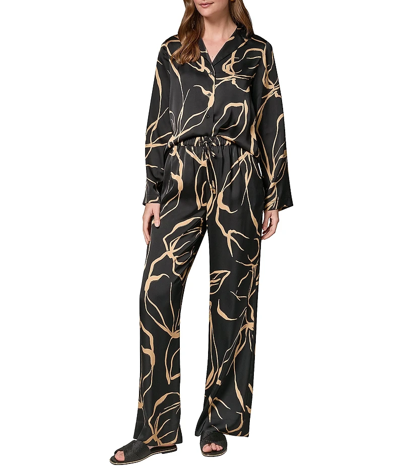 Donna Karan Coordinating Printed Satin Drawstring Wide Leg Pants