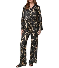Donna Karan Coordinating Printed Satin Drawstring Wide Leg Pants