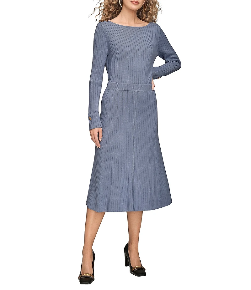 Donna Karan Coordinating Ribbed Wool Blend A-Line Midi Skirt