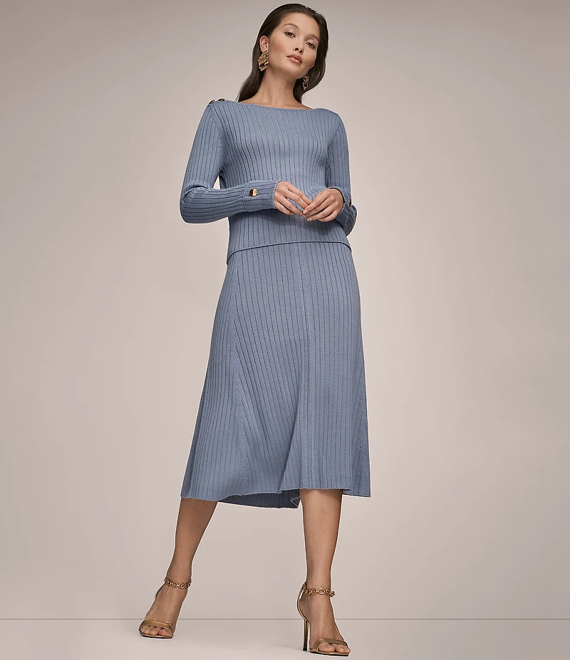 Donna Karan Coordinating Ribbed Wool Blend A-Line Midi Skirt