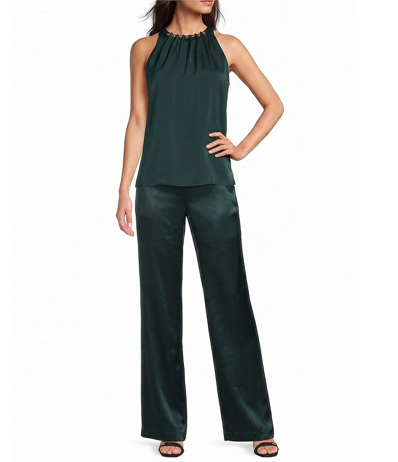 Donna Karan Coordinating Satin Back Crepe Front Wide Leg Front Pleated Pants