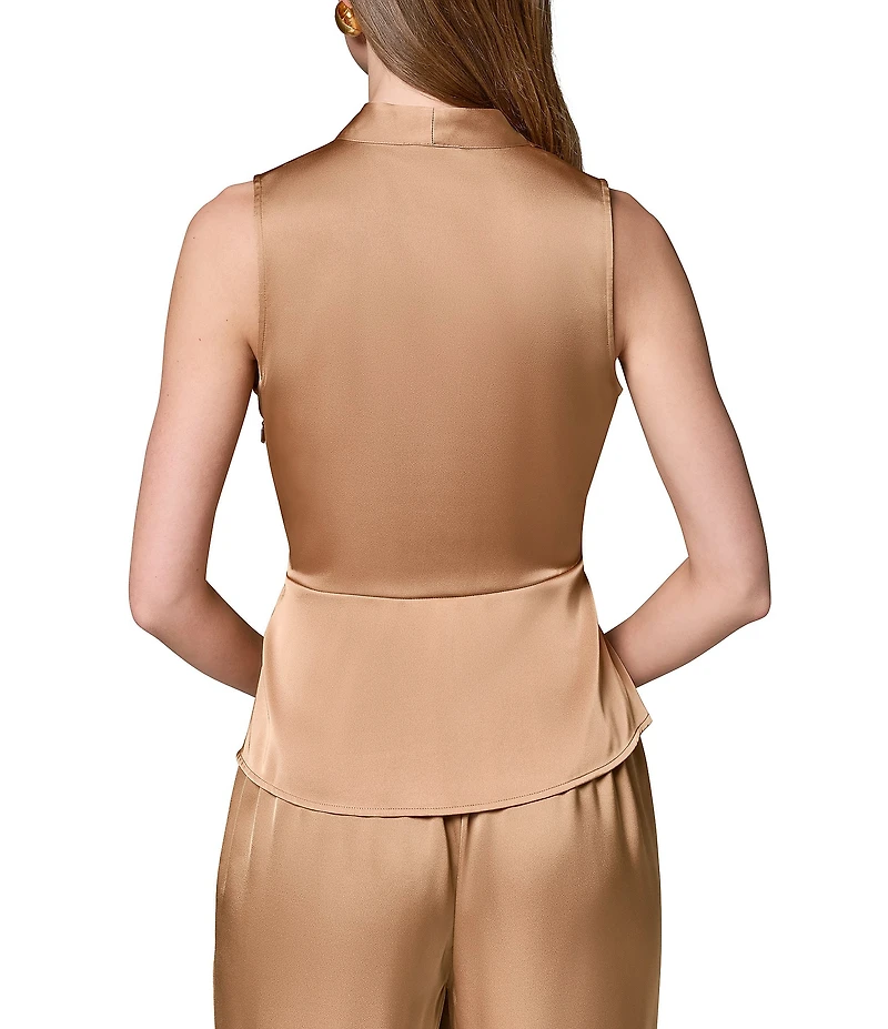 Donna Karan Coordinating Satin Surplice V-Neck Sleeveless Faux Wrap Blouse