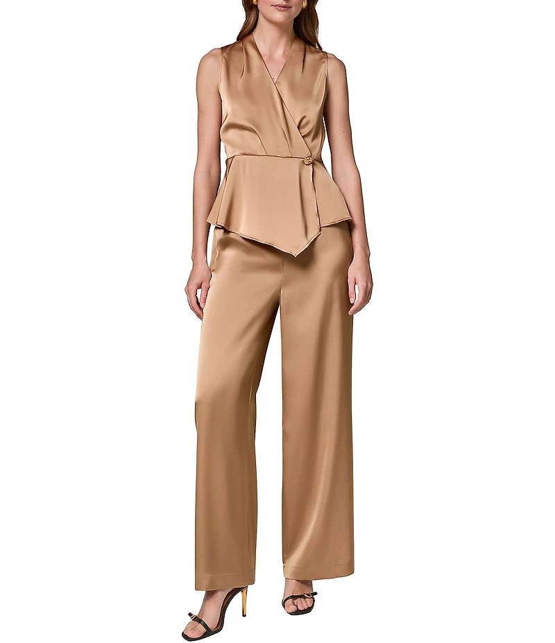 Donna Karan Coordinating Satin Surplice V-Neck Sleeveless Faux Wrap Blouse