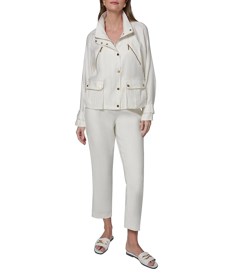 Donna Karan Coordinating Suiting Linen Blend Collared Long Sleeve Snap Front Zip Up Jacket