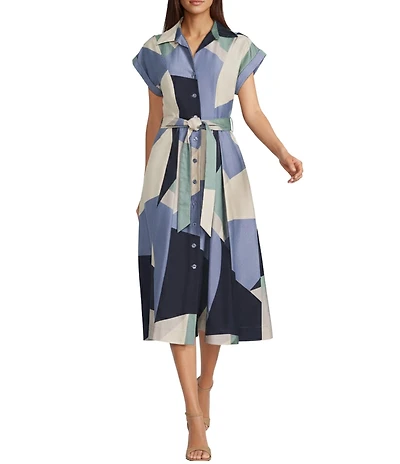 Donna Karan Cotten Sateen Short Sleeve Collar Neckline Belted Midi Shirt Dress