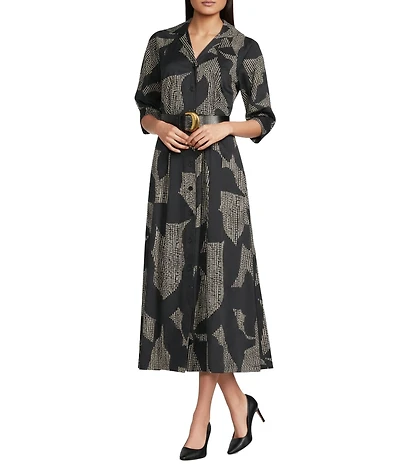 Donna Karan Cotten Saten Printed Button Front Belted Midi Shirt Dress