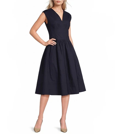 Donna Karan Cotton Blend Sateen V-Neck Cap Sleeve A-Line Midi Dress