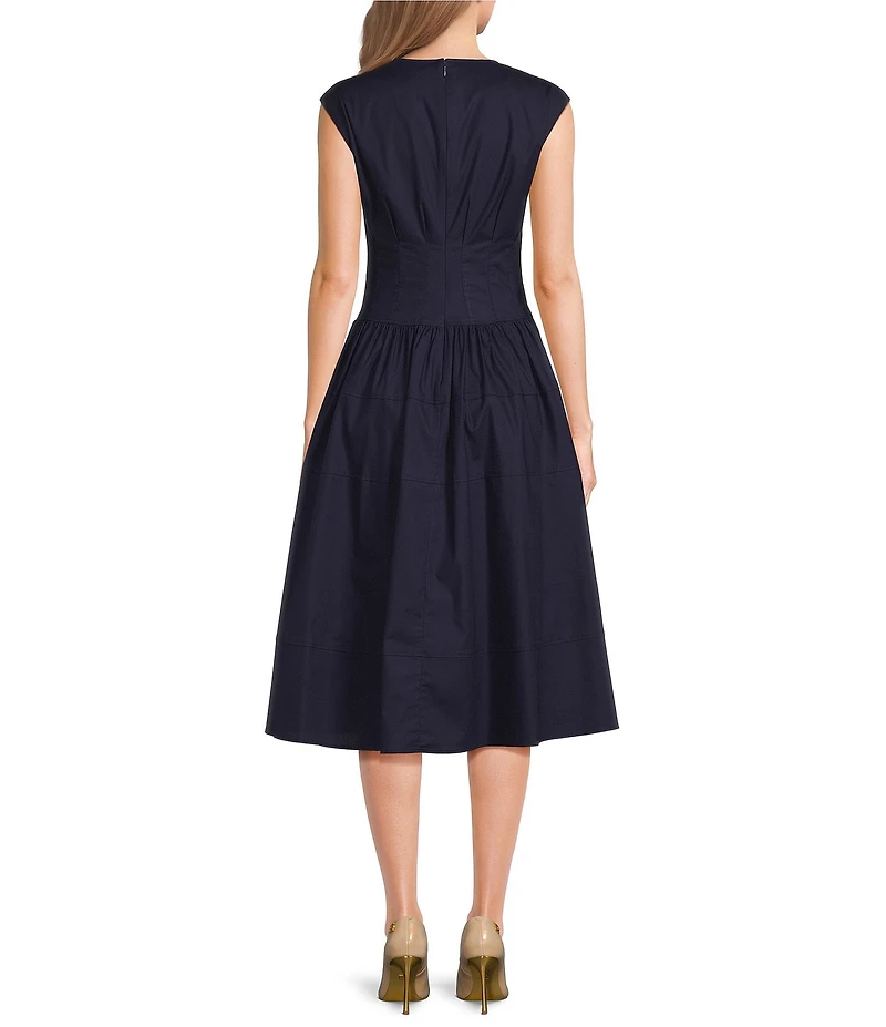 Donna Karan Cotton Blend Sateen V-Neck Cap Sleeve A-Line Midi Dress