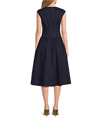 Donna Karan Cotton Blend Sateen V-Neck Cap Sleeve A-Line Midi Dress