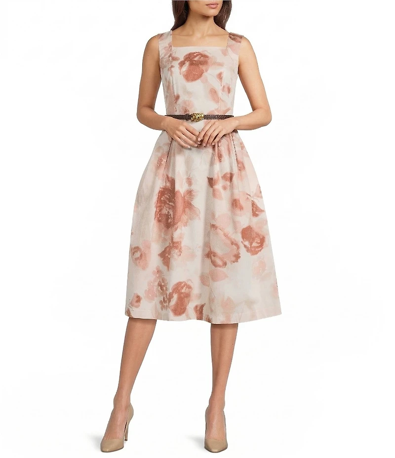 Donna Karan Cotton Floral Print Square Neck Sleeveless Midi Dress
