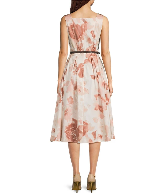 Donna Karan Floral Print Crinkle Brocade V-Neck Sleeveless Sheath Midi Dress  at Hamilton Place in Chattanooga, TN
