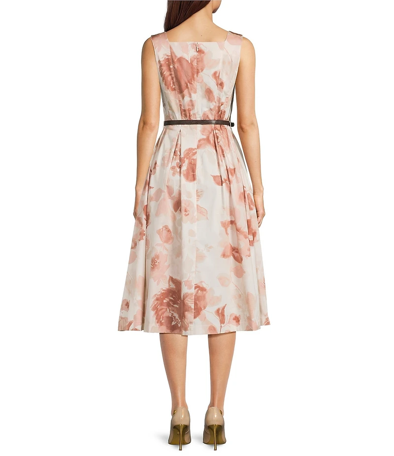 Donna Karan Cotton Floral Print Square Neck Sleeveless Midi Dress
