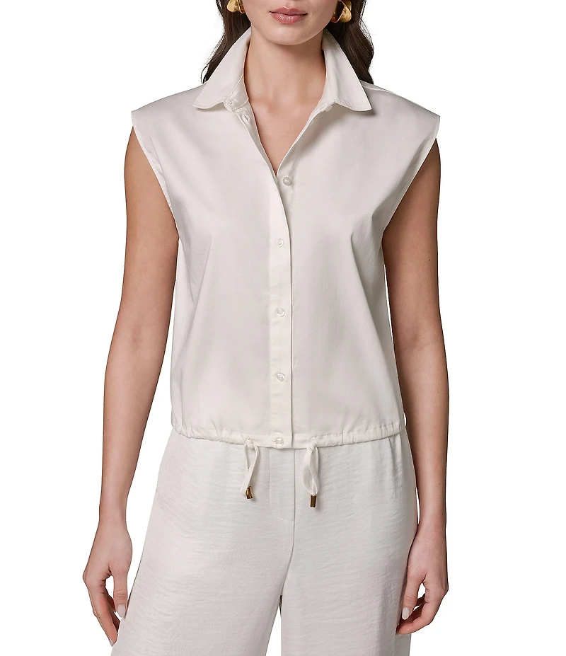 Donna Karan Cotton Poplin Point Collar Cap Sleeve Drawstring Hem Button Front Blouse
