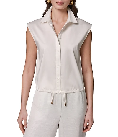 Donna Karan Cotton Poplin Point Collar Cap Sleeve Drawstring Hem Button Front Blouse