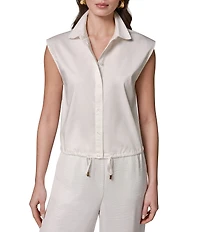 Donna Karan Cotton Poplin Point Collar Cap Sleeve Drawstring Hem Button Front Blouse