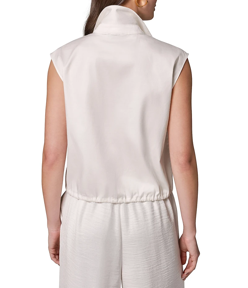 Donna Karan Cotton Poplin Point Collar Cap Sleeve Drawstring Hem Button Front Blouse