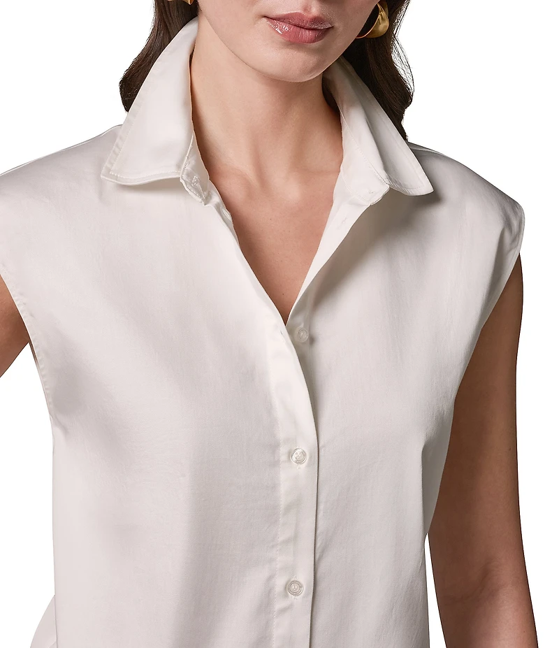 Donna Karan Cotton Poplin Point Collar Cap Sleeve Drawstring Hem Button Front Blouse