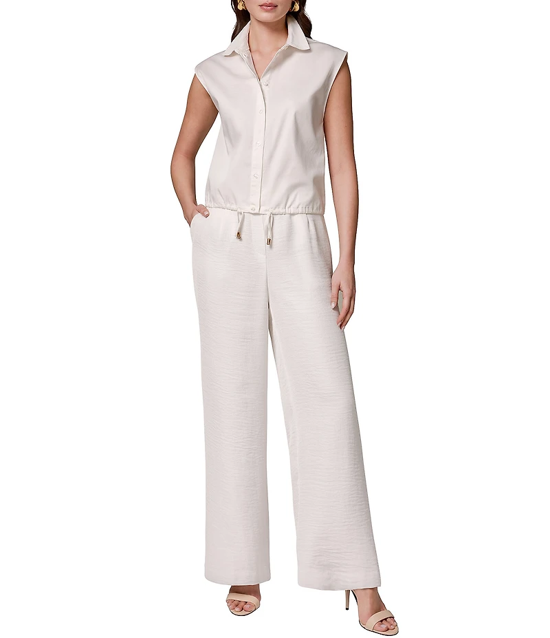Donna Karan Cotton Poplin Point Collar Cap Sleeve Drawstring Hem Button Front Blouse