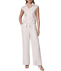 Donna Karan Cotton Poplin Point Collar Cap Sleeve Drawstring Hem Button Front Blouse