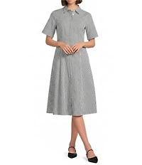 Donna Karan Cotton Poplin Stripe Point Collar Short Sleeve Button Front A-Line Midi Shirt Dress