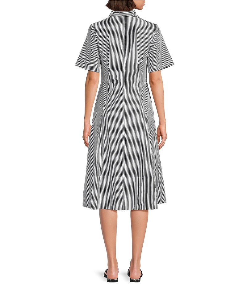 Donna Karan Cotton Poplin Stripe Point Collar Short Sleeve Button Front A-Line Midi Shirt Dress