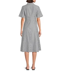 Donna Karan Cotton Poplin Stripe Point Collar Short Sleeve Button Front A-Line Midi Shirt Dress