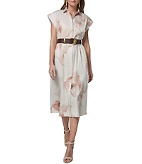 Donna Karan Cotton Sateen Floral Point Collar Cap Sleeve Belted Button Front Midi Dress