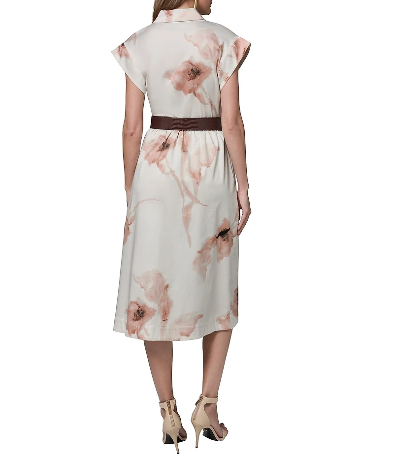 Donna Karan Cotton Sateen Floral Point Collar Cap Sleeve Belted Button Front Midi Dress
