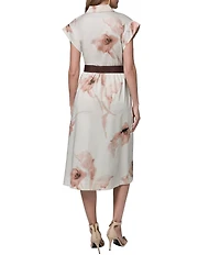 Donna Karan Cotton Sateen Floral Point Collar Cap Sleeve Belted Button Front Midi Dress