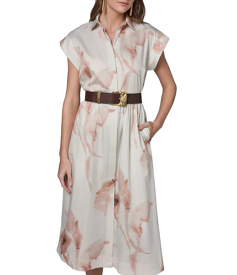 Donna Karan Cotton Sateen Floral Point Collar Cap Sleeve Belted Button Front Midi Dress