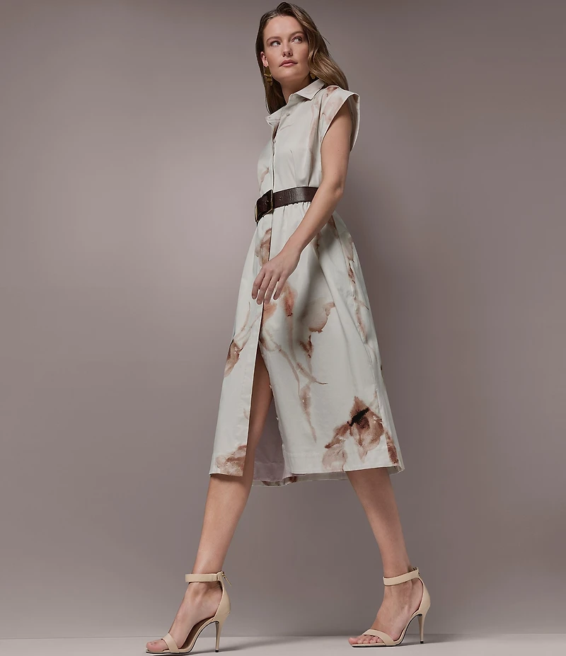 Donna Karan Cotton Sateen Floral Point Collar Cap Sleeve Belted Button Front Midi Dress